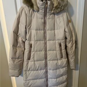 Women's Beige Puffer Coat with Faux Fur Hood